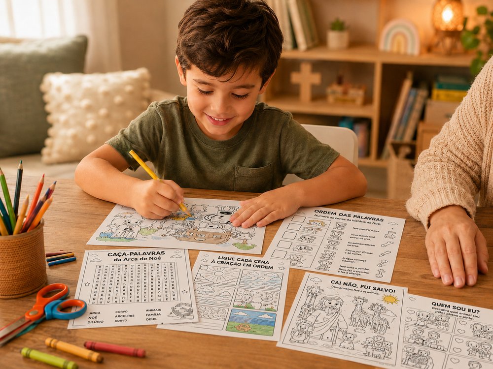 Kit Bíblia Divertida no tablet, no celular e impresso na mesa