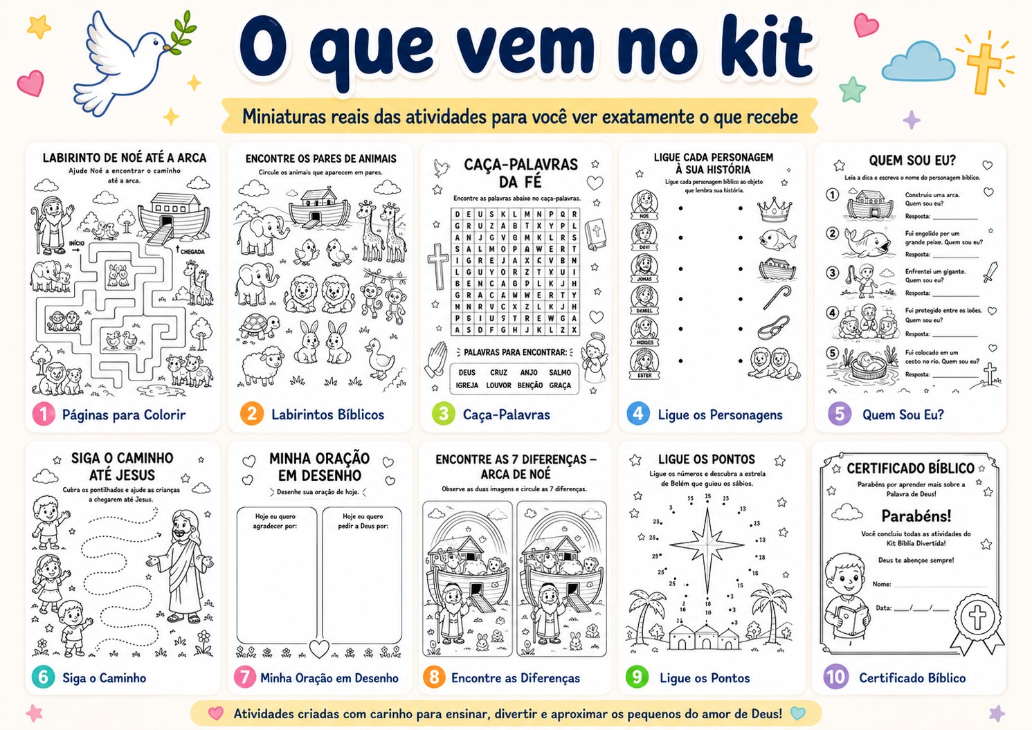 Miniaturas reais das atividades do Kit Bíblia Divertida